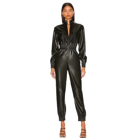 Alice And Olivia Levi Vegan Faux Black Leather Jumpsuit Size 4 NWOT $440 - Picture 1 of 12